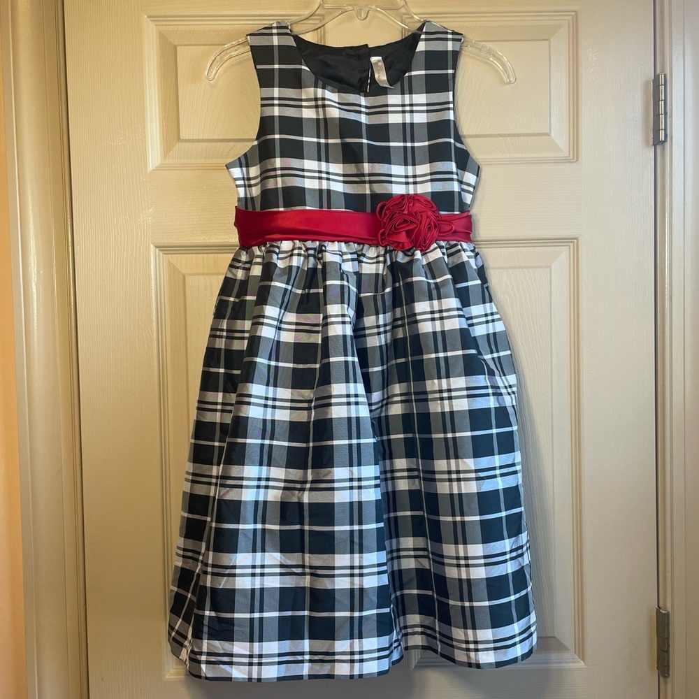Cherokee Black and White Plaid Dress with Red Sash and‎ Flower Detail, Size 12